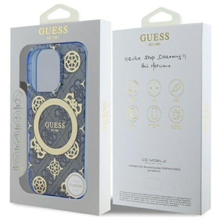 Husa pentru iPhone 16 Pro - Guess IML Peony On 4G Background MagSafe (GUHMP16LH4PYEEB) - Blue