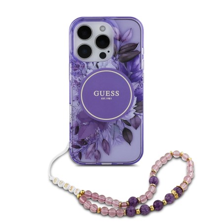 Husa pentru iPhone 16 Pro Max - Guess IML Flowers with Pearl Strap MagSafe (GUHMP16XHFWBRCESU) - Purple