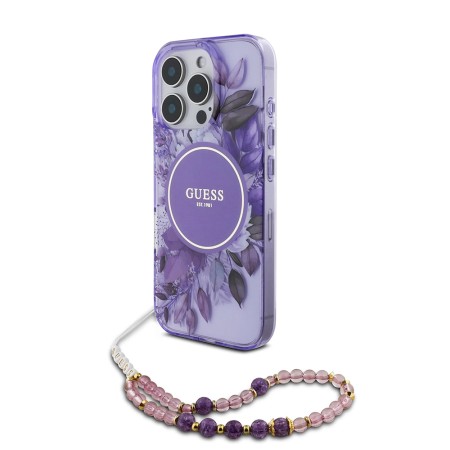 Husa pentru iPhone 16 Pro Max - Guess IML Flowers with Pearl Strap MagSafe (GUHMP16XHFWBRCESU) - Purple