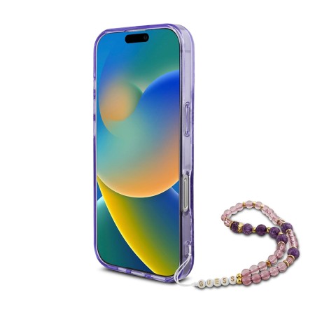 Husa pentru iPhone 16 Pro Max - Guess IML Flowers with Pearl Strap MagSafe (GUHMP16XHFWBRCESU) - Purple