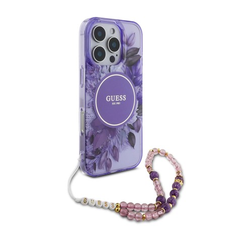 Husa pentru iPhone 16 Pro Max - Guess IML Flowers with Pearl Strap MagSafe (GUHMP16XHFWBRCESU) - Purple