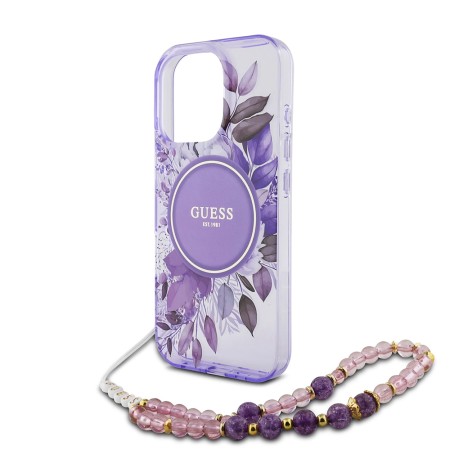 Husa pentru iPhone 16 Pro Max - Guess IML Flowers with Pearl Strap MagSafe (GUHMP16XHFWBRCESU) - Purple