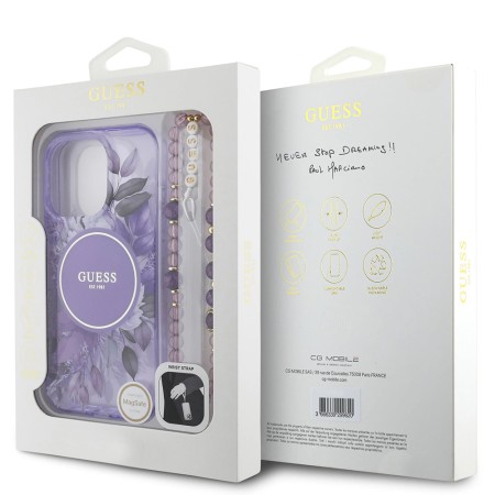 Husa pentru iPhone 16 Pro Max - Guess IML Flowers with Pearl Strap MagSafe (GUHMP16XHFWBRCESU) - Purple