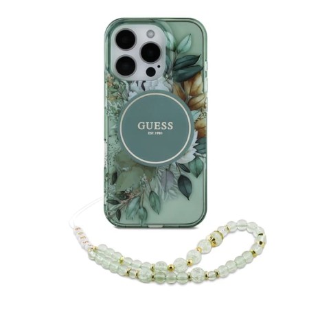 Husa pentru iPhone 16 Pro Max - Guess IML Flowers with Pearl Strap MagSafe (GUHMP16XHFWBRCESN) - Green