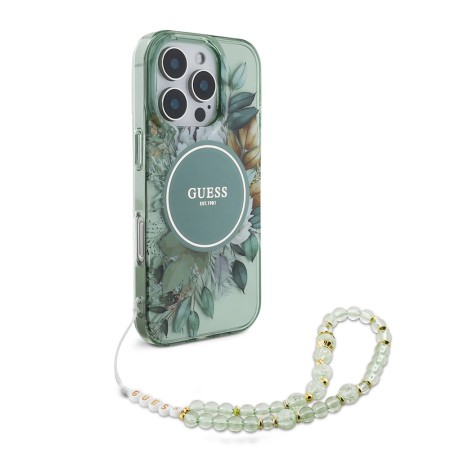 Husa pentru iPhone 16 Pro Max - Guess IML Flowers with Pearl Strap MagSafe (GUHMP16XHFWBRCESN) - Green