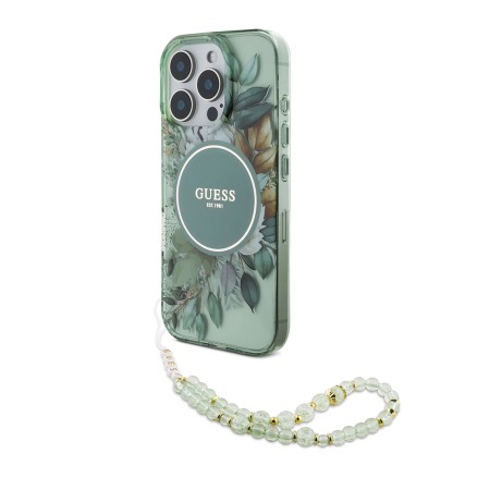 Husa pentru iPhone 16 Pro Max - Guess IML Flowers with Pearl Strap MagSafe (GUHMP16XHFWBRCESN) - Green