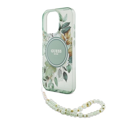 Husa pentru iPhone 16 Pro Max - Guess IML Flowers with Pearl Strap MagSafe (GUHMP16XHFWBRCESN) - Green