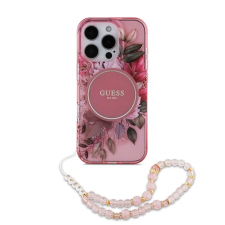 Husa pentru iPhone 16 Pro Max - Guess IML Flowers with Pearl Strap MagSafe (GUHMP16XHFWBRCESP) - Pink