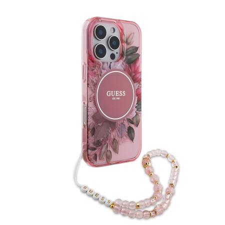 Husa pentru iPhone 16 Pro Max - Guess IML Flowers with Pearl Strap MagSafe (GUHMP16XHFWBRCESP) - Pink