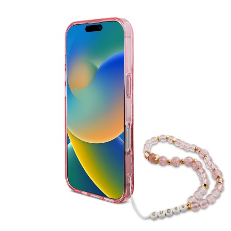 Husa pentru iPhone 16 Pro Max - Guess IML Flowers with Pearl Strap MagSafe (GUHMP16XHFWBRCESP) - Pink