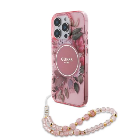 Husa pentru iPhone 16 Pro Max - Guess IML Flowers with Pearl Strap MagSafe (GUHMP16XHFWBRCESP) - Pink