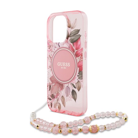 Husa pentru iPhone 16 Pro Max - Guess IML Flowers with Pearl Strap MagSafe (GUHMP16XHFWBRCESP) - Pink