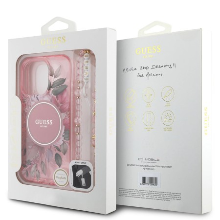 Husa pentru iPhone 16 Pro Max - Guess IML Flowers with Pearl Strap MagSafe (GUHMP16XHFWBRCESP) - Pink