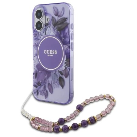 Husa pentru iPhone 16 Plus - Guess IML Flowers with Pearl Strap MagSafe (GUHMP16MHFWBRCESU) - Purple