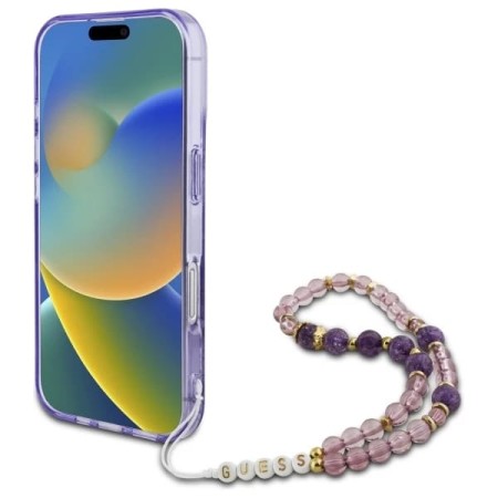 Husa pentru iPhone 16 Plus - Guess IML Flowers with Pearl Strap MagSafe (GUHMP16MHFWBRCESU) - Purple