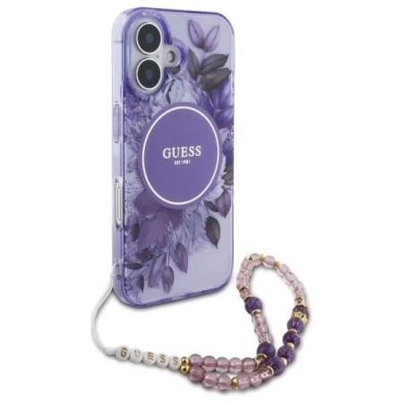 Husa pentru iPhone 16 Plus - Guess IML Flowers with Pearl Strap MagSafe (GUHMP16MHFWBRCESU) - Purple