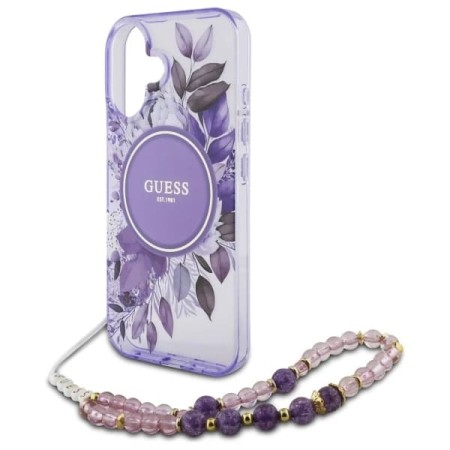 Husa pentru iPhone 16 Plus - Guess IML Flowers with Pearl Strap MagSafe (GUHMP16MHFWBRCESU) - Purple