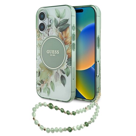 Husa pentru iPhone 16 Plus - Guess IML Flowers with Pearl Strap MagSafe (GUHMP16MHFWBRCESN) - Green