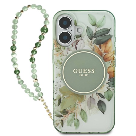 Husa pentru iPhone 16 Plus - Guess IML Flowers with Pearl Strap MagSafe (GUHMP16MHFWBRCESN) - Green