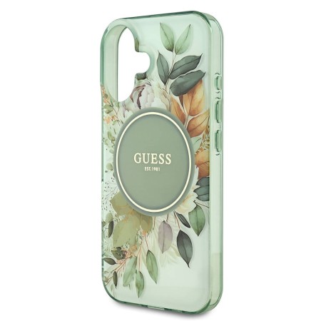 Husa pentru iPhone 16 Plus - Guess IML Flowers with Pearl Strap MagSafe (GUHMP16MHFWBRCESN) - Green