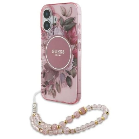 Husa pentru iPhone 16 Plus - Guess IML Flowers with Pearl Strap MagSafe (GUHMP16MHFWBRCESP) - Pink