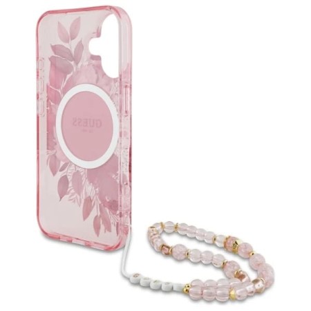 Husa pentru iPhone 16 Plus - Guess IML Flowers with Pearl Strap MagSafe (GUHMP16MHFWBRCESP) - Pink