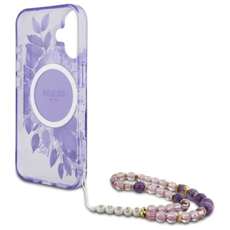 Husa pentru iPhone 16 - Guess IML Flowers with Pearl Strap MagSafe (GUHMP16SHFWBRCESU) - Purple