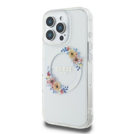 Husa pentru iPhone 16 Pro Max - Guess IML Flowers Wreath MagSafe (GUHMP16XHFWFCT) - Clear