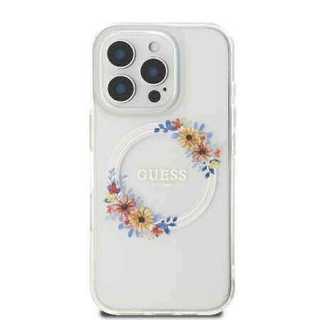 Husa pentru iPhone 16 Pro Max - Guess IML Flowers Wreath MagSafe (GUHMP16XHFWFCT) - Clear