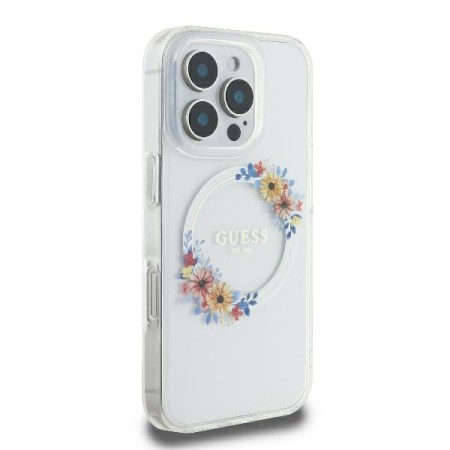 Husa pentru iPhone 16 Pro Max - Guess IML Flowers Wreath MagSafe (GUHMP16XHFWFCT) - Clear