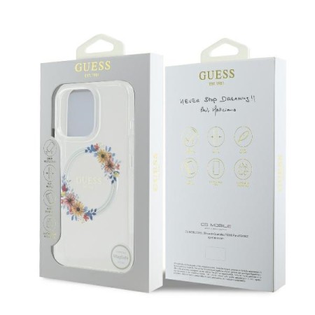 Husa pentru iPhone 16 Pro Max - Guess IML Flowers Wreath MagSafe (GUHMP16XHFWFCT) - Clear