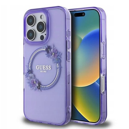 Husa pentru iPhone 16 Pro Max - Guess IML Flowers Wreath MagSafe (GUHMP16XHFWFCU) - Purple