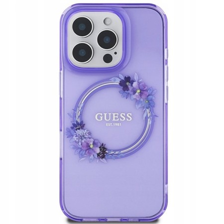 Husa pentru iPhone 16 Pro Max - Guess IML Flowers Wreath MagSafe (GUHMP16XHFWFCU) - Purple