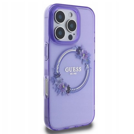 Husa pentru iPhone 16 Pro Max - Guess IML Flowers Wreath MagSafe (GUHMP16XHFWFCU) - Purple