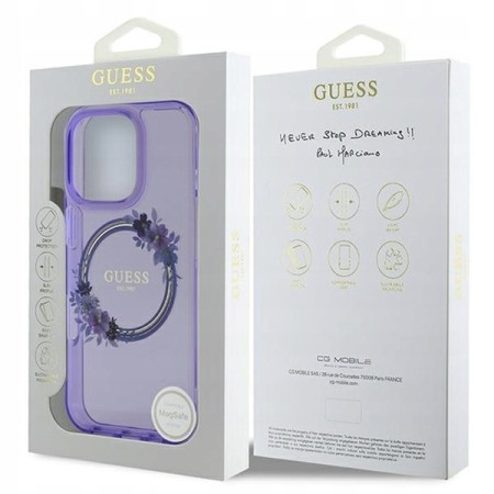 Husa pentru iPhone 16 Pro Max - Guess IML Flowers Wreath MagSafe (GUHMP16XHFWFCU) - Purple