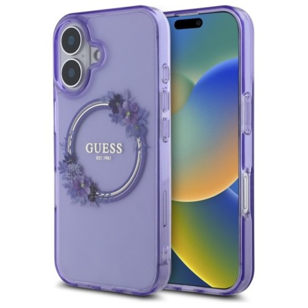 Husa pentru iPhone 16 - Guess IML Flowers Wreath MagSafe (GUHMP16SHFWFCU) - Purple