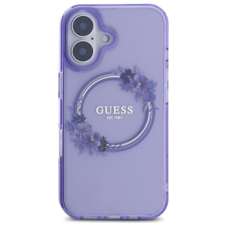 Husa pentru iPhone 16 - Guess IML Flowers Wreath MagSafe (GUHMP16SHFWFCU) - Purple