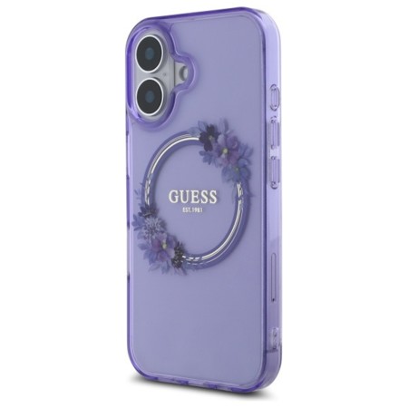 Husa pentru iPhone 16 - Guess IML Flowers Wreath MagSafe (GUHMP16SHFWFCU) - Purple