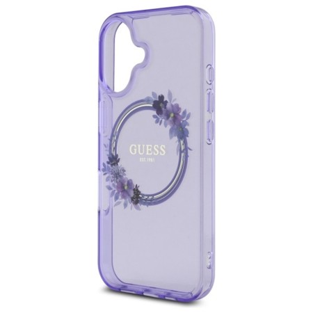 Husa pentru iPhone 16 - Guess IML Flowers Wreath MagSafe (GUHMP16SHFWFCU) - Purple