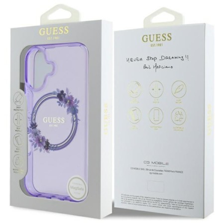 Husa pentru iPhone 16 - Guess IML Flowers Wreath MagSafe (GUHMP16SHFWFCU) - Purple