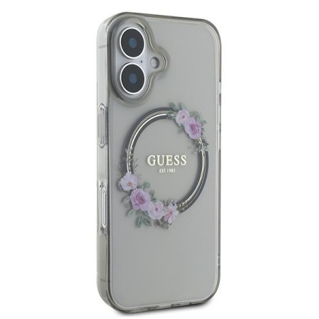 Husa pentru iPhone 16 - Guess IML Flowers Wreath MagSafe (GUHMP16SHFWFCK) - Black