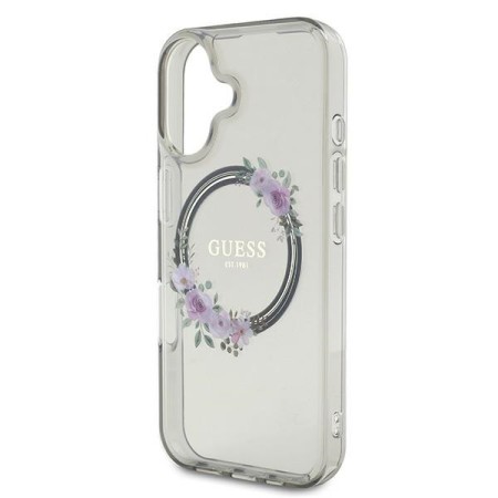 Husa pentru iPhone 16 - Guess IML Flowers Wreath MagSafe (GUHMP16SHFWFCK) - Black