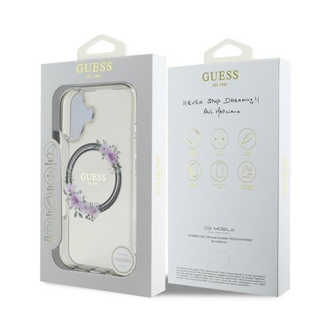 Husa pentru iPhone 16 - Guess IML Flowers Wreath MagSafe (GUHMP16SHFWFCK) - Black