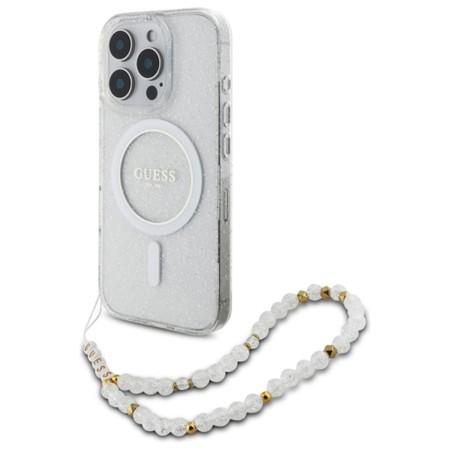 Husa pentru iPhone 16 Pro Max - Guess IML Glitter with Pearl Strap MagSafe (GUHMP16XHGCRELST) - Clear