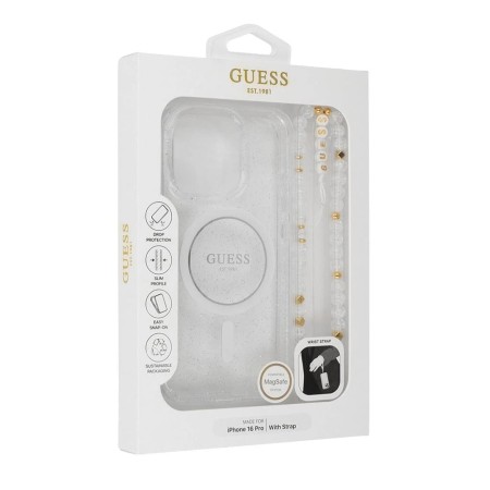 Husa pentru iPhone 16 Pro Max - Guess IML Glitter with Pearl Strap MagSafe (GUHMP16XHGCRELST) - Clear