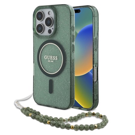 Husa pentru iPhone 16 Pro Max - Guess IML Glitter with Pearl Strap MagSafe (GUHMP16XHGCRELSA) - Green