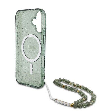 Husa pentru iPhone 16 Pro Max - Guess IML Glitter with Pearl Strap MagSafe (GUHMP16XHGCRELSA) - Green