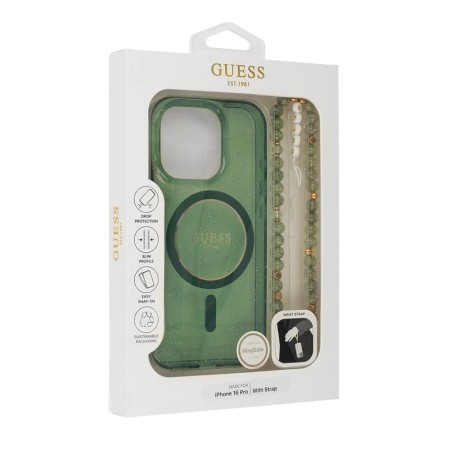 Husa pentru iPhone 16 Pro Max - Guess IML Glitter with Pearl Strap MagSafe (GUHMP16XHGCRELSA) - Green