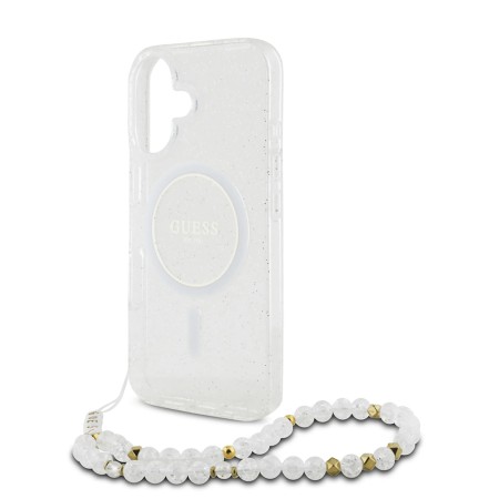 Husa pentru iPhone 16 Plus - Guess IML Glitter with Pearl Strap MagSafe (GUHMP16MHGCRELST) - Clear