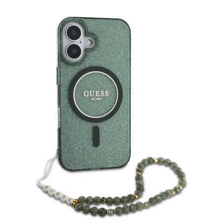 Husa pentru iPhone 16 Plus - Guess IML Glitter with Pearl Strap MagSafe (GUHMP16MHGCRELSA) - Green